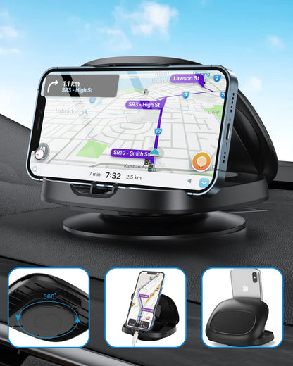 JOYEKY Car Phone Holder for Dashboard, 360° Rotatable Horizontal & Vertical Viewing Car Phone Mount，Washable Reusable Mobile Phone Holder, for iPhone Samsung Android Smartphones (Black)
