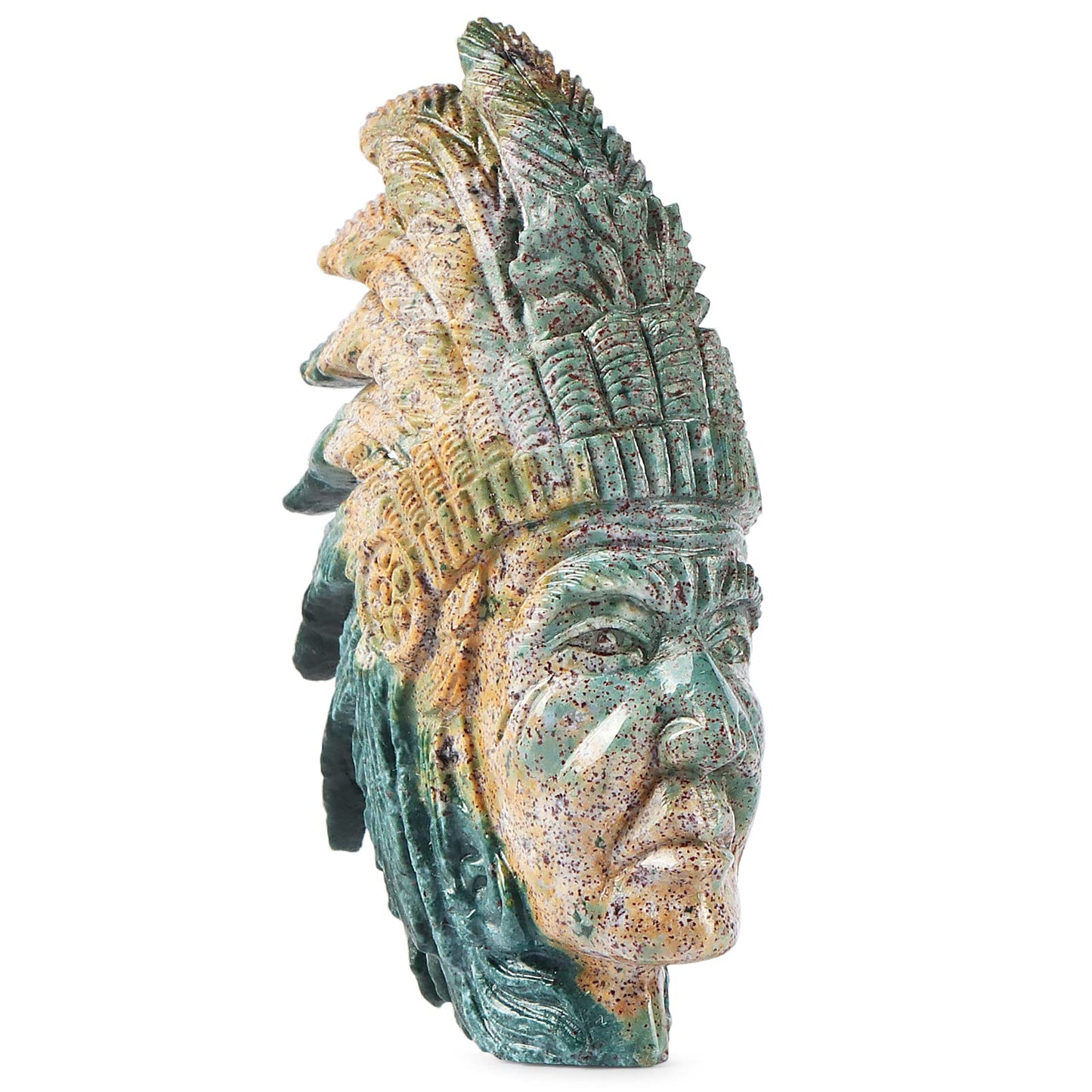SMQ 3.3" Indian Head Bust Statue Ocean Jasper Crystal Stone Skull Ornaments Native American Indian Figurine for Diorama Gemstone Sculpture for Home Office Room Decor