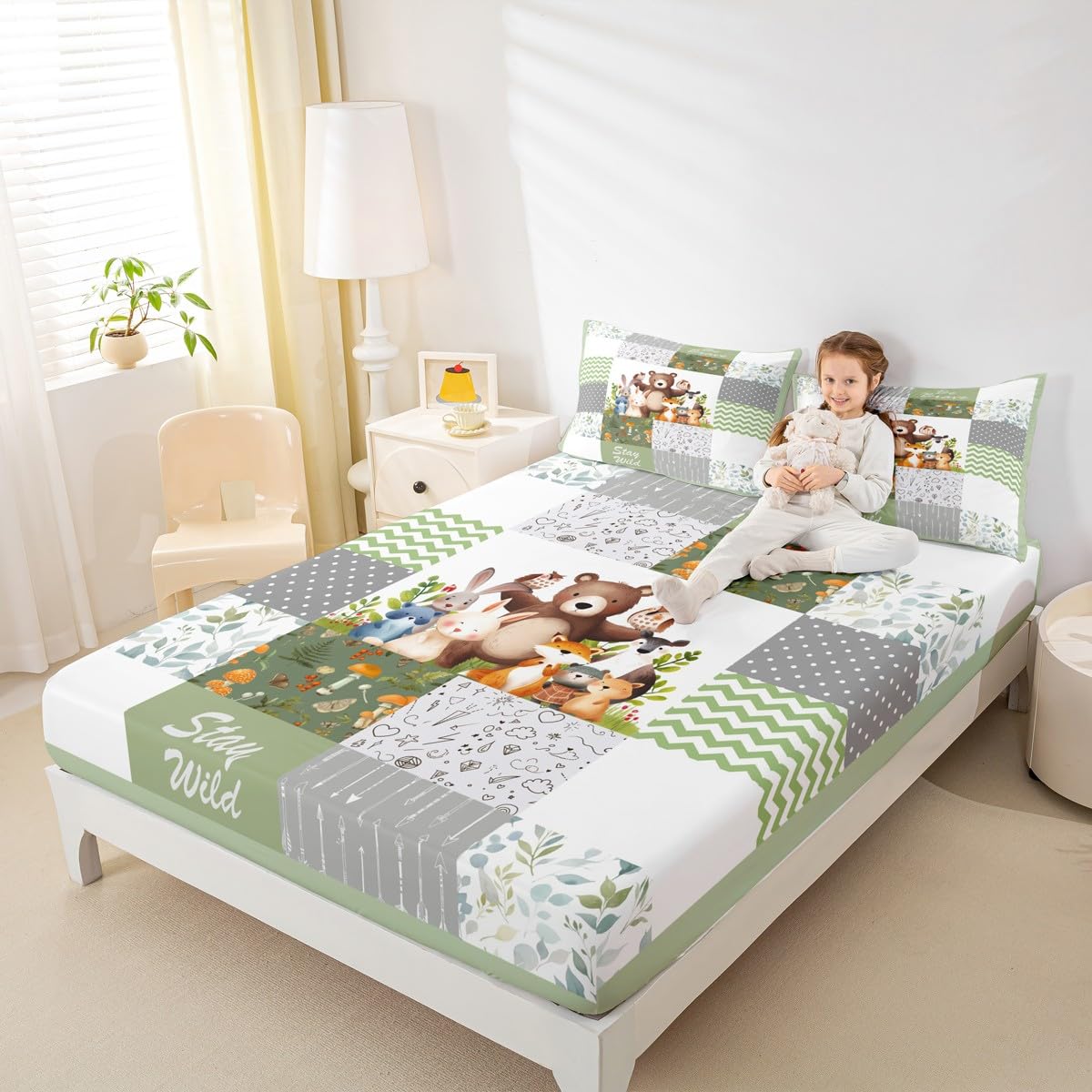 Cartoon Animals Kids Fitted Sheet Queen Size,Cute Bear Fox Deer Mushroom Bedding Set,Boys Girls Adults Room Decor,Geometric Plaids Stripes Bed Cover,Arrows Boho Bed Sheet,2 Pillowcases