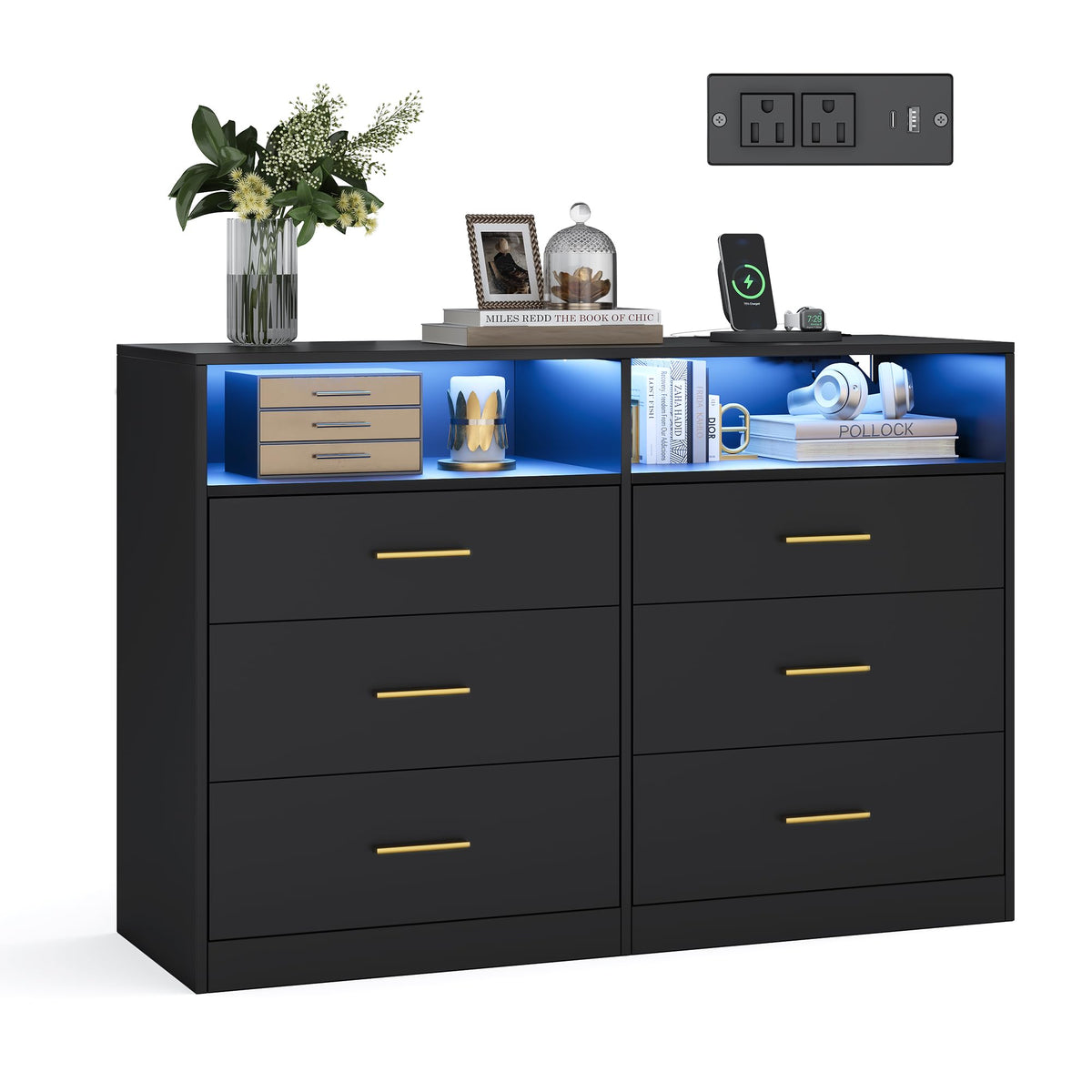 VASAGLE Custos Collection - Dresser for Bedroom, with LED Lights and Power Strip, Chest of Drawers, Modern, TV Stand for Living Room, 6 Drawers, 15.8 x 46.9 x 32 Inches, Ink Black ULTS316BC01S