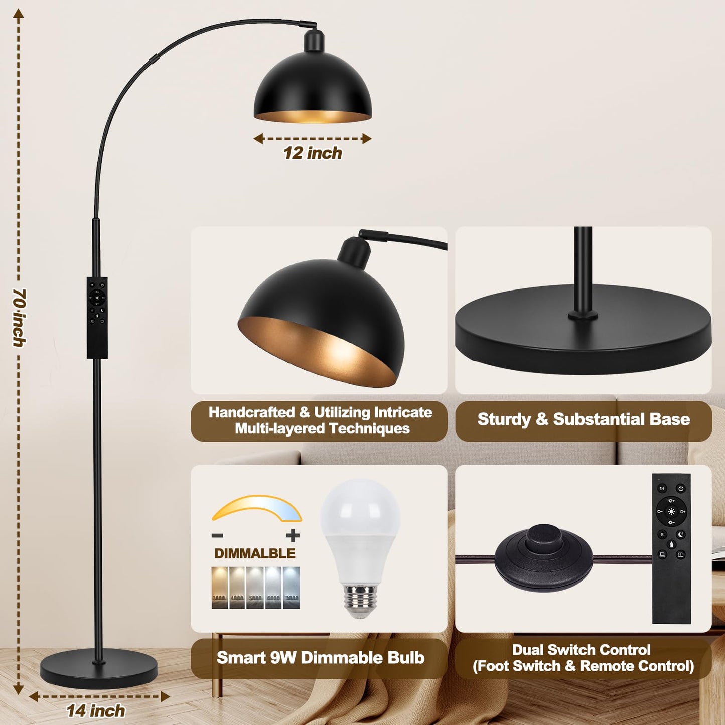 【Upgraded】Black Arc Floor Lamps for Living Room - Dimmable Arched Floor Lamp with Remote Control & 2700-6000K 9W LED Bulb Included, Modern Arch Standing lamp, Industrial Tall Lamp for Bedroom Reading