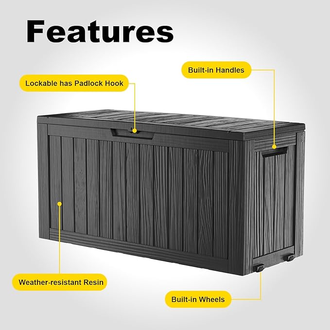 ROJIK Outdoor Storage Box with Wheels,75 Gallon Waterproof Resin Deck Box, Lockable Storage for Patio Cushions,Garden Tools,Pool Accessories,UV-Resistant Storage Bench for Backyard & Deck（Black）