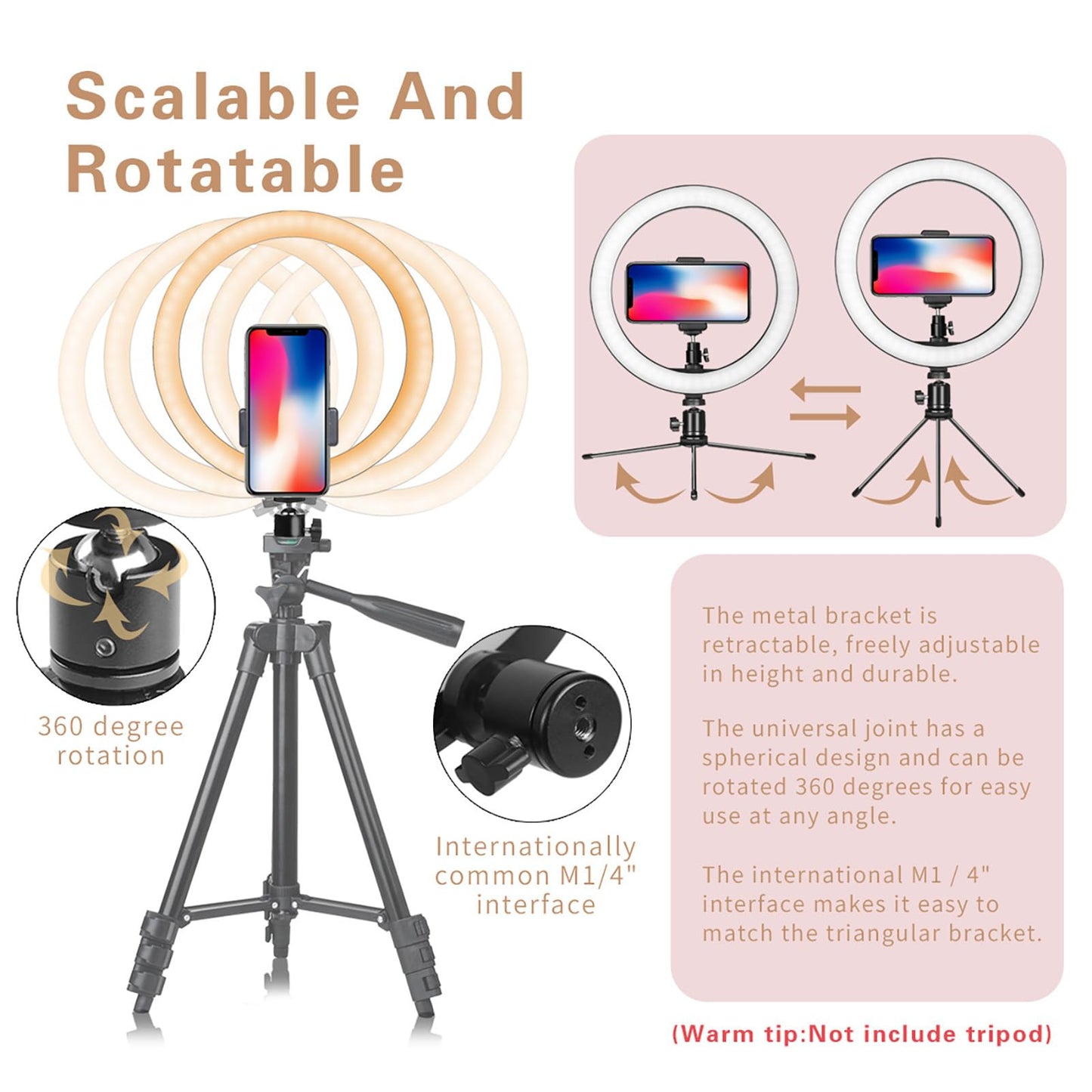 LED Dimmable Desk Makeup Ring Light 10" with Tripod Stand & Phone Holder for Live Streaming & YouTube Video,Photography, Shooting with 3 Light Modes & 10 Brightness Level