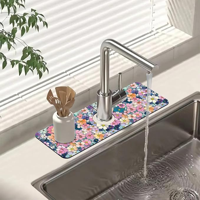 Sink Faucet Absorbing Mat Cute Flowers Sink Splash Guard Drying Mat