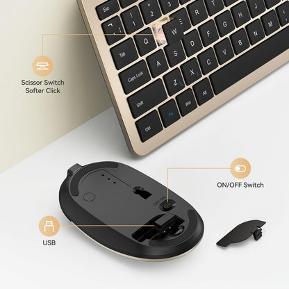 seenda Wireless Keyboard and Mouse Set, SK38 Ultra Slim Quiet USB Wireless Keyboard and Mouse Full Size QWERTY UK Layout with Numeric Keypad for Windows PC, Laptop, Computer, Black and Gold