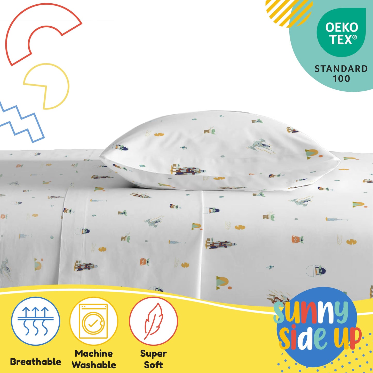 Sunny Side Up Kids Sheet Set with Fitted, Flat Sheets & Pillow Cover - Ultra-Soft Bedding with Pillowcase for Room Decor, White - Star Wars Mandalorian, 3 Piece Twin