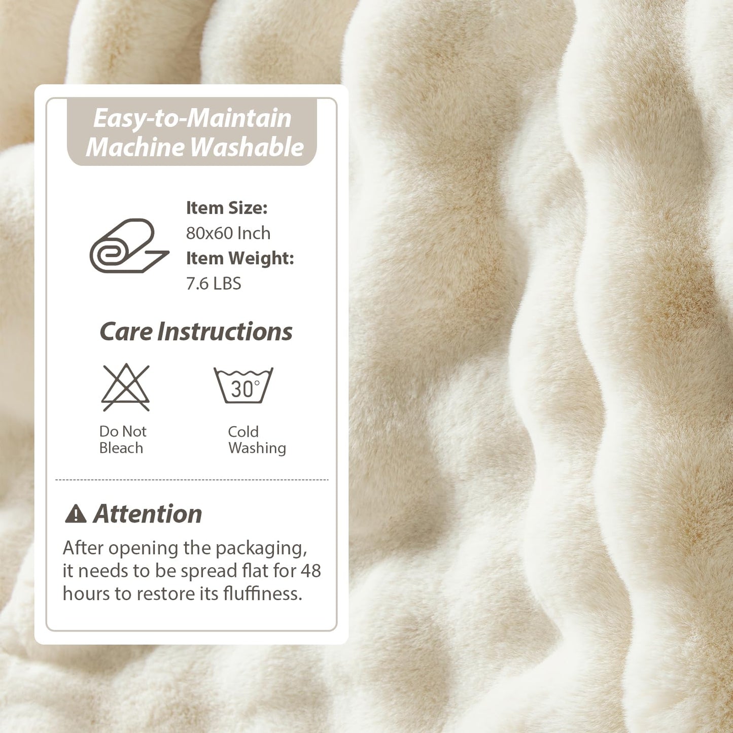 TINA'S HOME Faux Rabbit Fur Throw Blanket for Couch - Luxury Fuzzy Fleece Bubble Blanket, 1000GSM Thick Cozy Fluffy Plush Shaggy Blankets for Bedroom Living Room 60 * 80 Inches Cream White