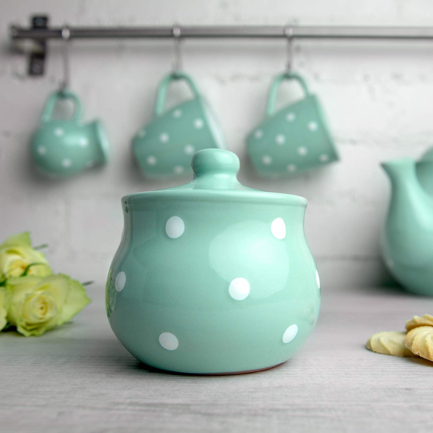 City to Cottage Ceramic Sugar Bowl with Lid, 10oz Sugar Contanier for Coffee Bar, Sugar Dispenser Bowl, Salt - Condiment Pot for Kitchen Counter, Handcrafted turquoise Blue Polka Dot Sugar Jar