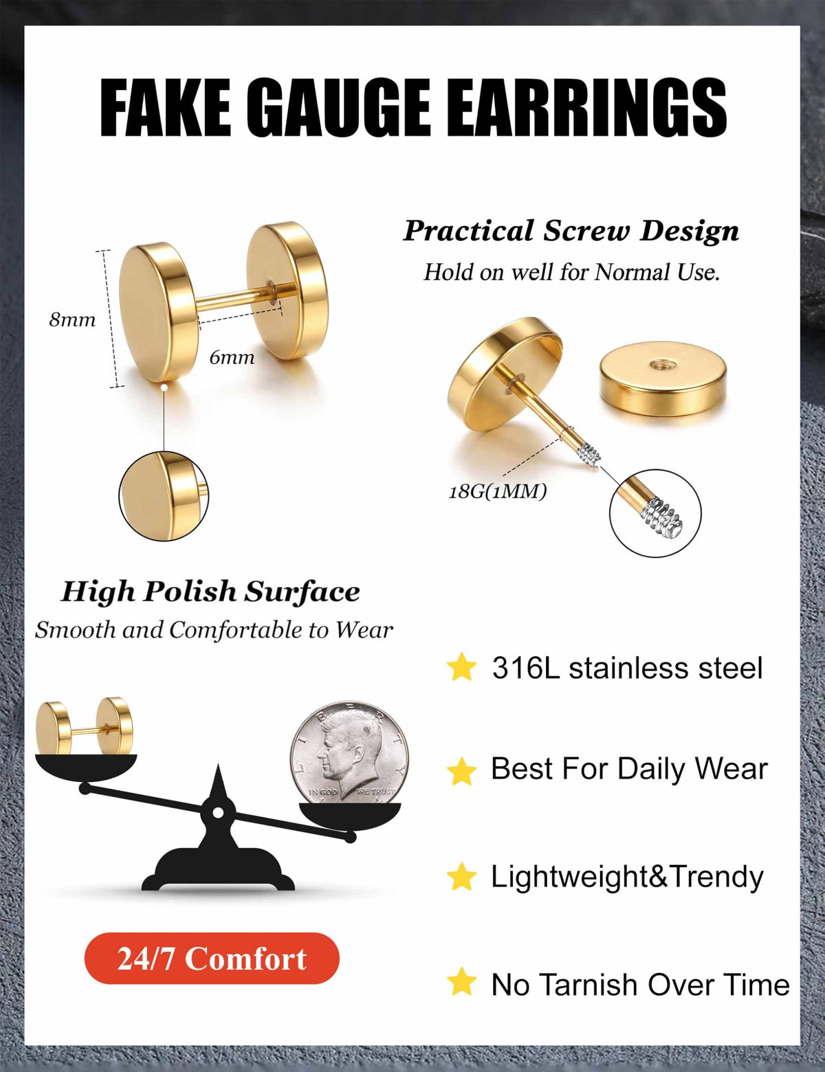 FIBO STEEL 6 Pairs Stainless Steel Black Stud Earrings for Men Women Faux Gauges Ear Tunnel Fake Gauge Earrings 3-8mm Gold