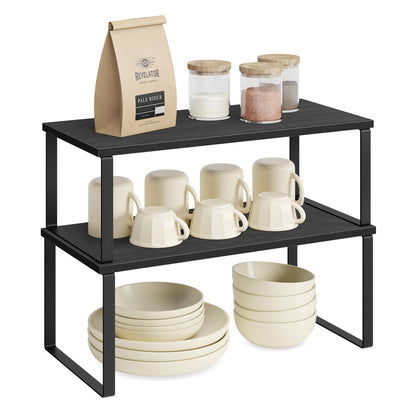 SONGMICS Cabinet Organizer Shelf, Set of 4 Kitchen Counter Shelves, Kitchen Storage, Spice Rack, Stackable, Expandable, Metal and Engineered Wood, Cloud White and Natural Beige UKCS010N01