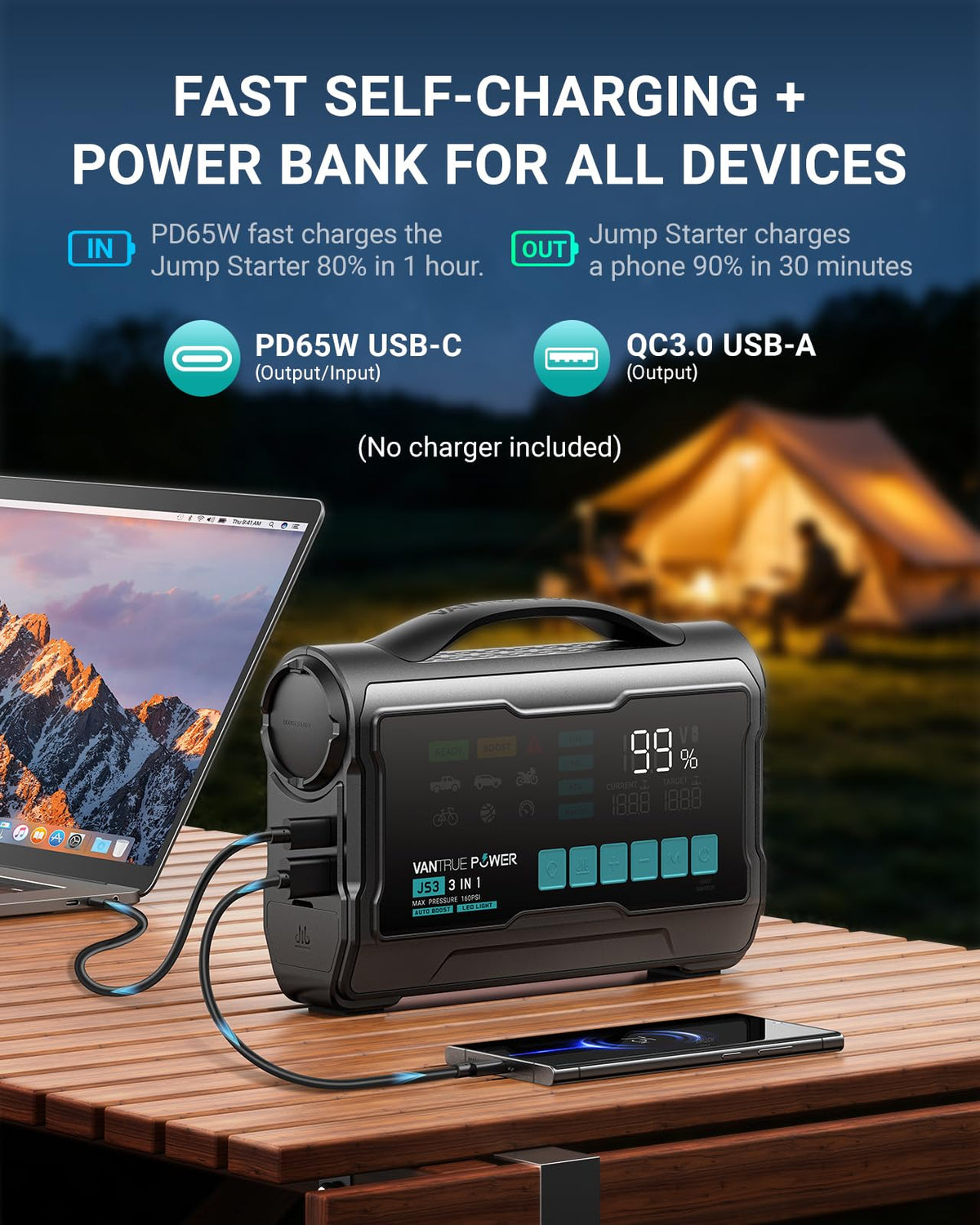 VANTRUE POWER JS3 Real 3250A Jump Starter with Air Compressor 160PSI, 12V Car Battery Booster with Display, Jump Box with Light, Support 65W Fast Charging Power Bank, 8.0L Gas/3.8L Diesel Engines