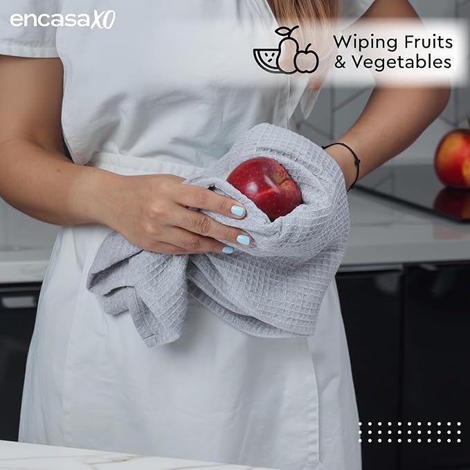 Encasa XO Kitchen Dish Towels Set | Light Grey | Waffle Weave and Flat Hand Tea