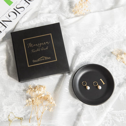 COLLECTIVE HOME - Ceramic Jewelry Tray, Decorative Trinket Dish for Rings Earrings Necklaces Bracelet Watch Keys, Birthday Mother's Day Christmas Gift for Women, 4.75", Black Surface (l)