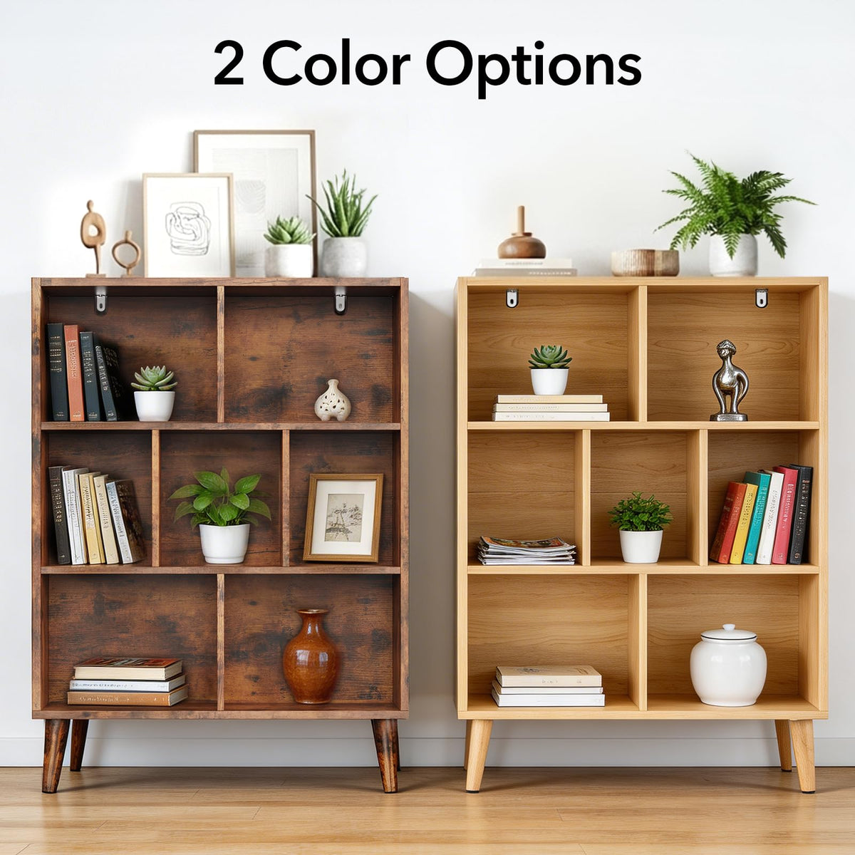 DUMOS Book Shelf, 7 Cube Storage Organizer with Legs, 3-Tier Modern Wooden Bookcase, Open Standing Display Shelf for Living Room, Bedroom, Office, Light Pine