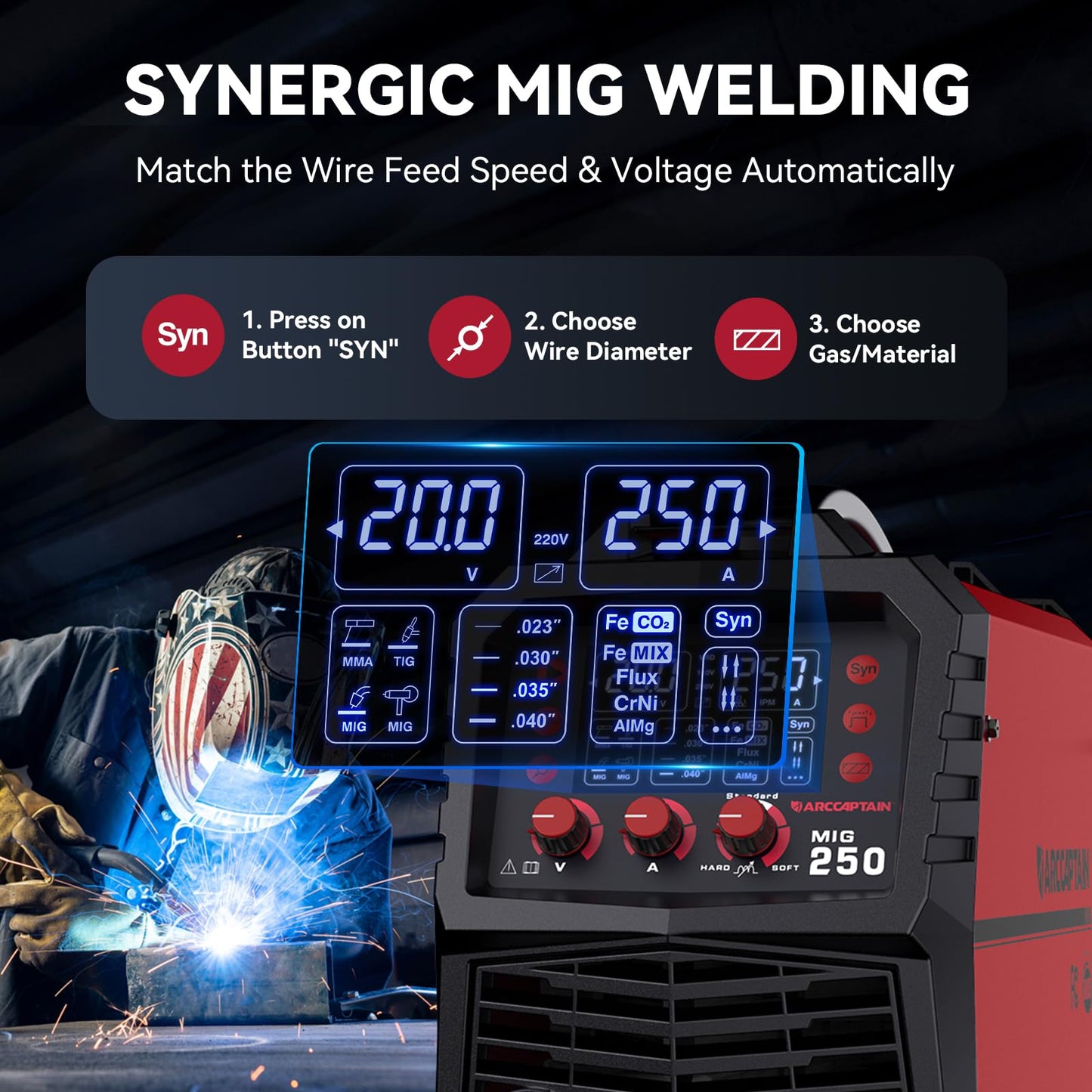 ARCCAPTAIN 250A MIG Welder with Professional 8" Weliding Pliers