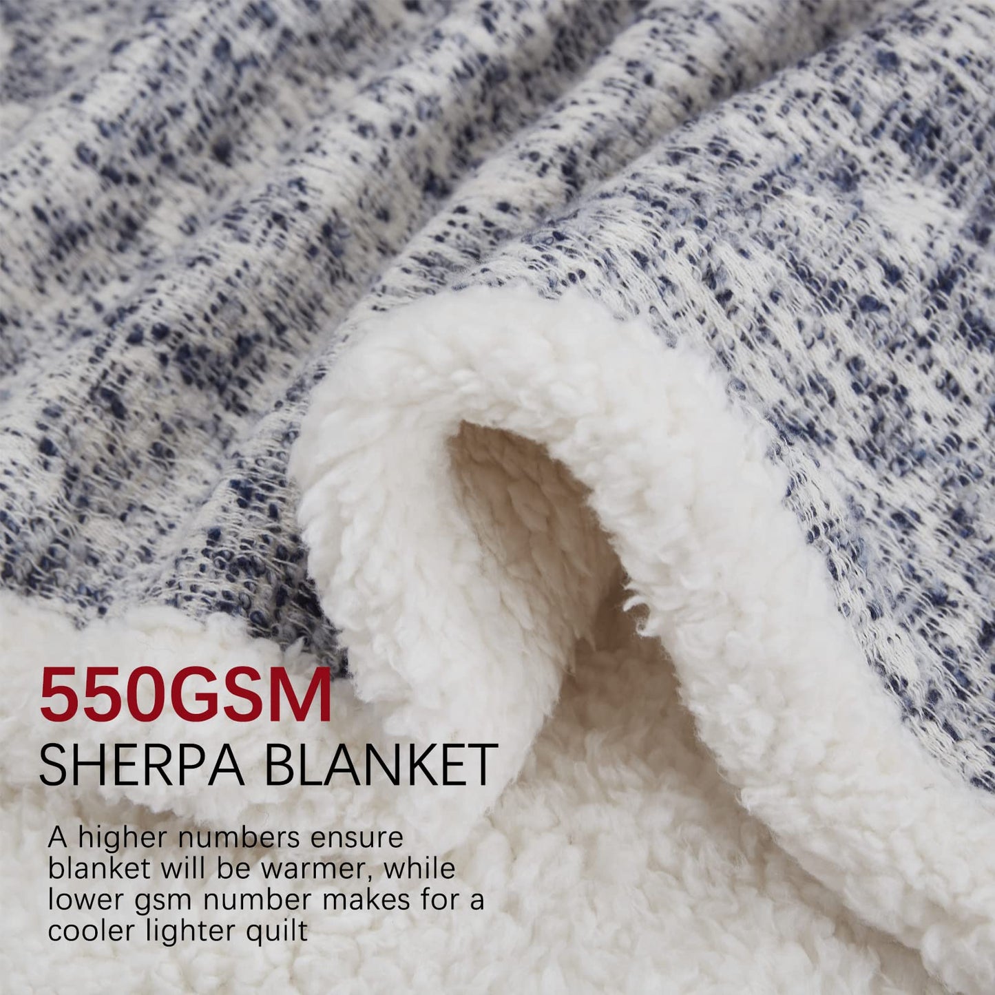 SE SOFTEXLY Throw Blanket, Reversible Sherpa Blanket with 30% Wool and 70% Cotton, Fuzzy Plush Fluffy Soft Blanket, Fall Winter Blanket for Couch Bed Sofa Chair (Blue, 50" x 60")