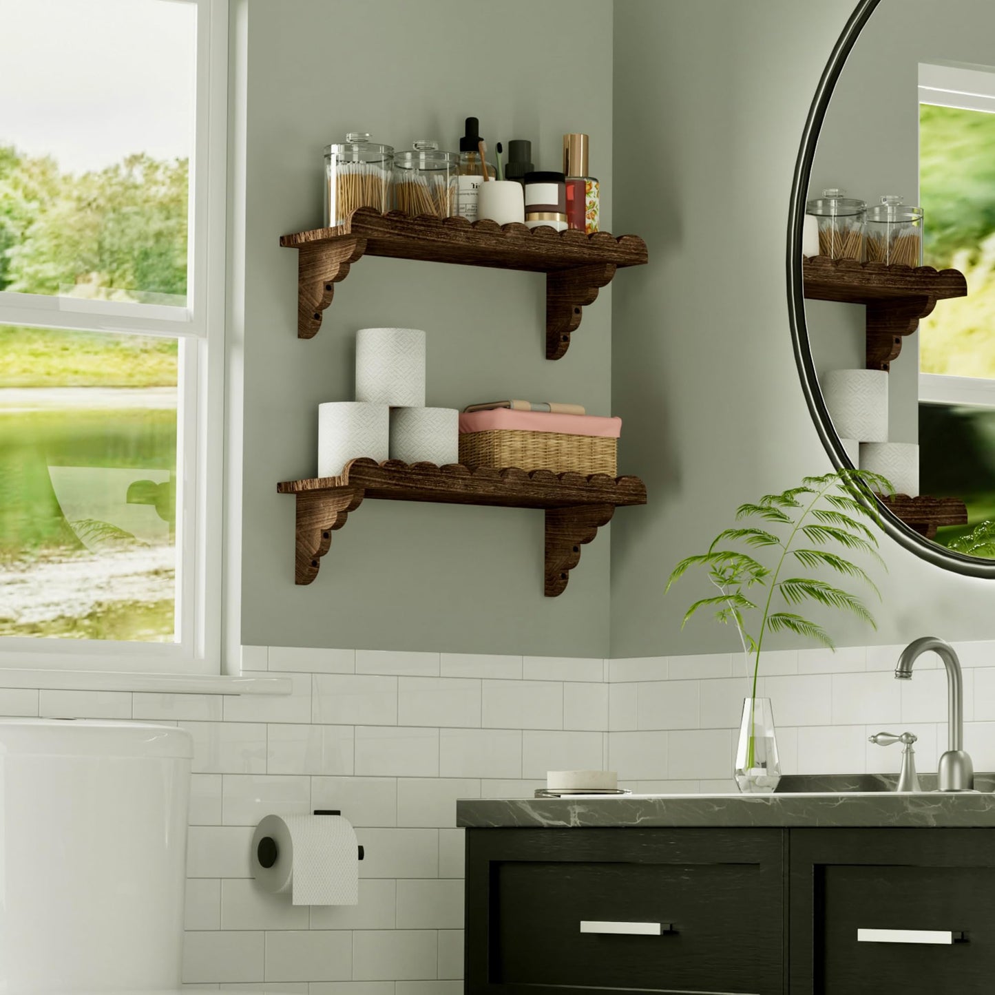 QsQueen Scalloped Wood Wall Shelf – 17 Inch Floating Shelf with Wood Brackets, Easy to Install Rustic Wall Shelf for Living Room, Bedroom, Bathroom, or Any Space