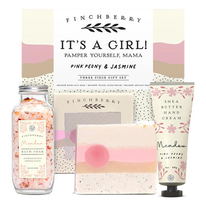 FinchBerry 3-Piece Gift Set - It’s A Girl! Baby Shower Gift, New Mom Care Package, First-Time Mom Gifts, Baby Girl Gift – Includes Handmade Shea Butter Soap(4.5oz), Bath Soak (20oz) & Hand Cream (1oz)
