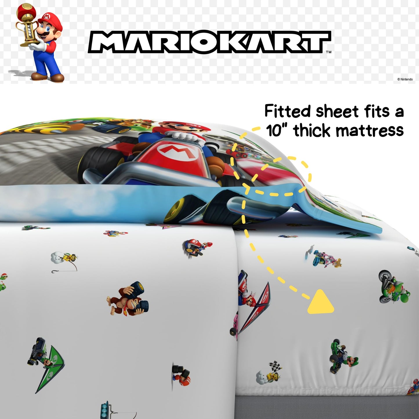 Super Mario Kart Game Kids Bedding Set, Twin Size, 4-Piece Super Soft Cozy Reversible Comforter & Sheet Set (Officially Licensed Product) by Franco
