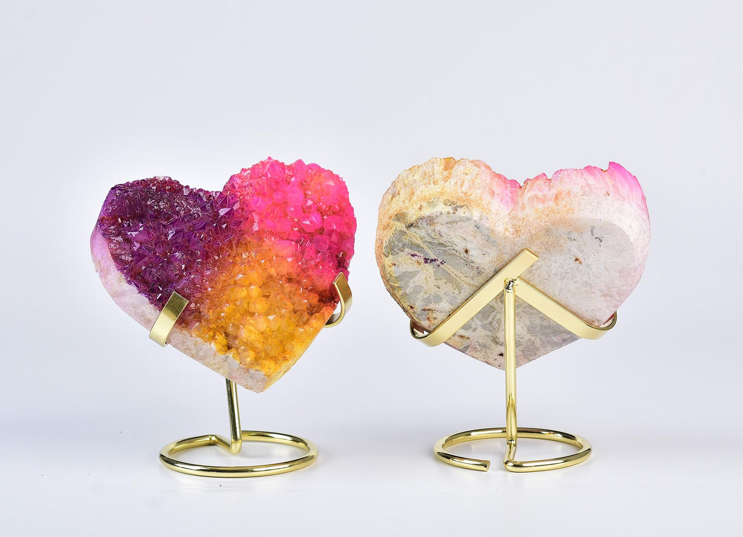 AMOYSTONE Heavy Heart Shaped Crystal Cluster Electroplated White Crystal Cluster with Alloy Bracket, Home Office Decoration (Orange-Pink-Purple 2-2.5 LBS)