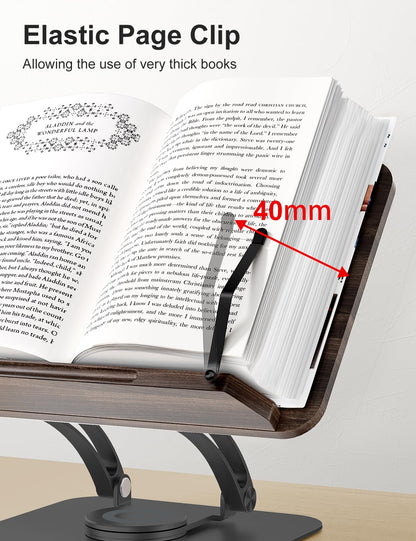 Tounee Book Stand for Reading, Adjustable Book Holder with 360° Swivel Base, Foldable Cookbook Stand Recipe Book Holder with Elastic Page Clips for Music Scores, Recipe, Tablet, Laptop-Black