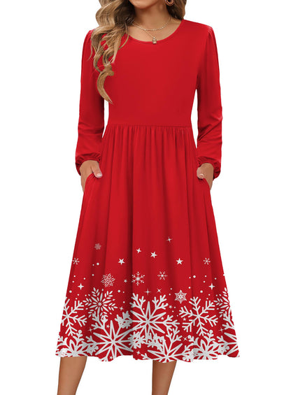 Zeagoo Fall Midi Dresses for Women 2025 Long Sleeve Flowy Dress Casual Swing Mini Dress for Beach Vacation Christmas Snow S