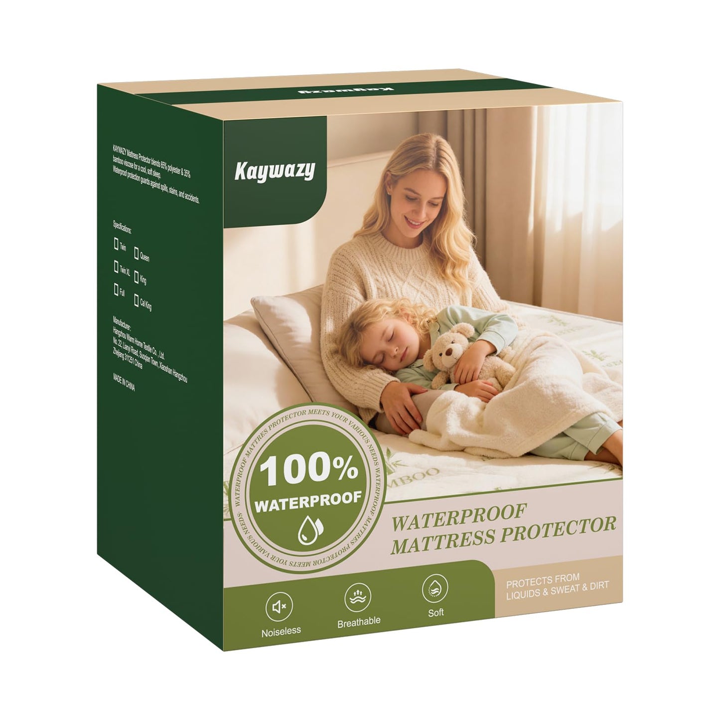 KAYWAZY Waterproof Mattress Protector Queen Size - Cooling Breathable Mattress Cover for Queen Bed, Noiseless Soft Bed Pad Cover, Snug Fit Deep Pocket 6''–18'', Ideal for Dorms & Guest Rooms, Green
