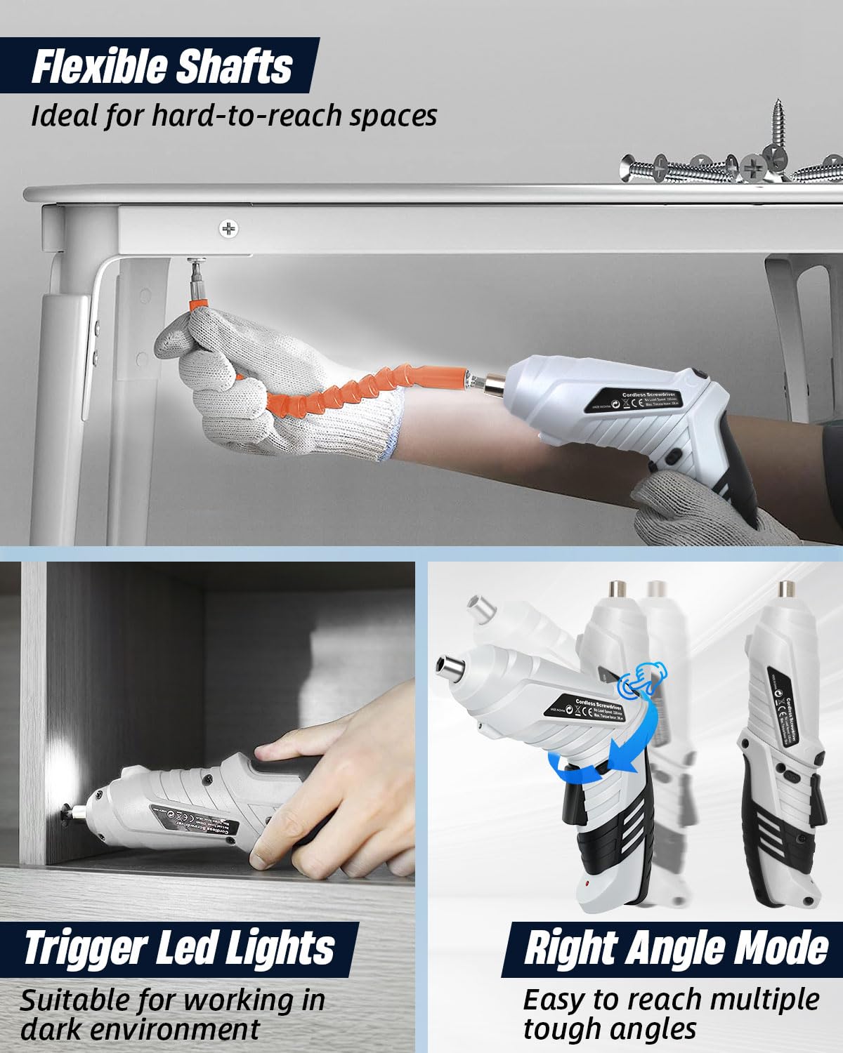 KALAHOL 49 Piece Electric Screwdrivers Cordless, 1300mAh Cordless Screwdriver Rechargeable, 3.6V Rotatable 90 Degrees Electric Screwdriver Set for Home DIY, White