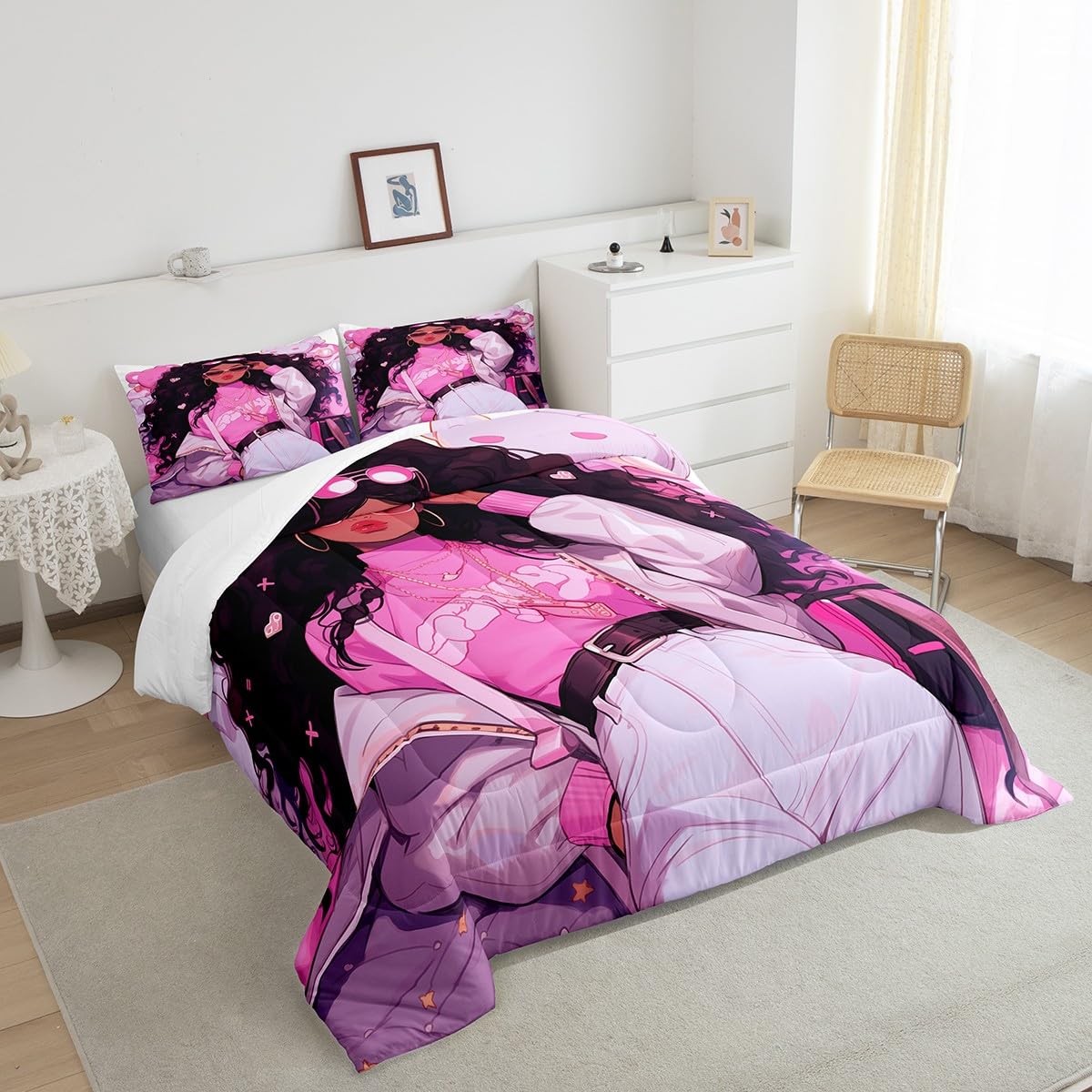 Princess Girlish Kids Comforter Set Full Size,Pink Stars Love Heart Romantic Bedding Set,Girls Women Room Decor,African Amercian Black Little Girls Down Comforter,Pink Duvet Insert,2 Pillowcases