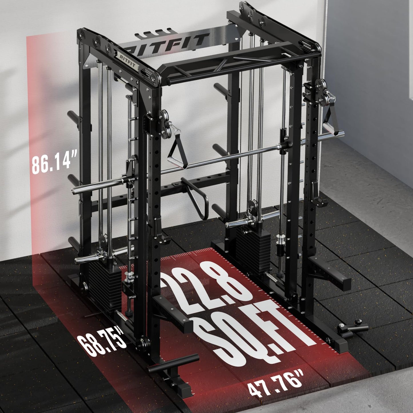 RitFit M2 Smith Machine with Cable Crossover System, 3D Functional Trainer & Power Cage, 16 Adjustment Holes, 6 Storage Pegs for Full-Body Home Gym(M2 PRO-3D Black with BP230)