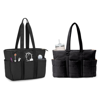 Fasrom 2PCS Nurse Tote Bag Bundle for Work, Structured Clinical Bag and Lightweight Puffer Nursing Tote, Multi-Pocket Nurse Bags for Nurses, Nursing Students, Home Health Care, Black