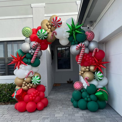 Lukiituke Christmas Balloon Garland Arch Kit, 134Pcs Red and Green Balloons, 4 Sizes Red Green Gold White Balloons for Christmas Theme Birthday Party Backdrops Decorations