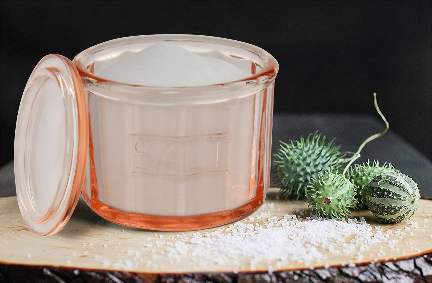 HOME-X Depression Style Pink Glass Salt Cellar with Lid, Retro Kitchen Decor, Wedding Gift - 3 1/2" H x 4" D