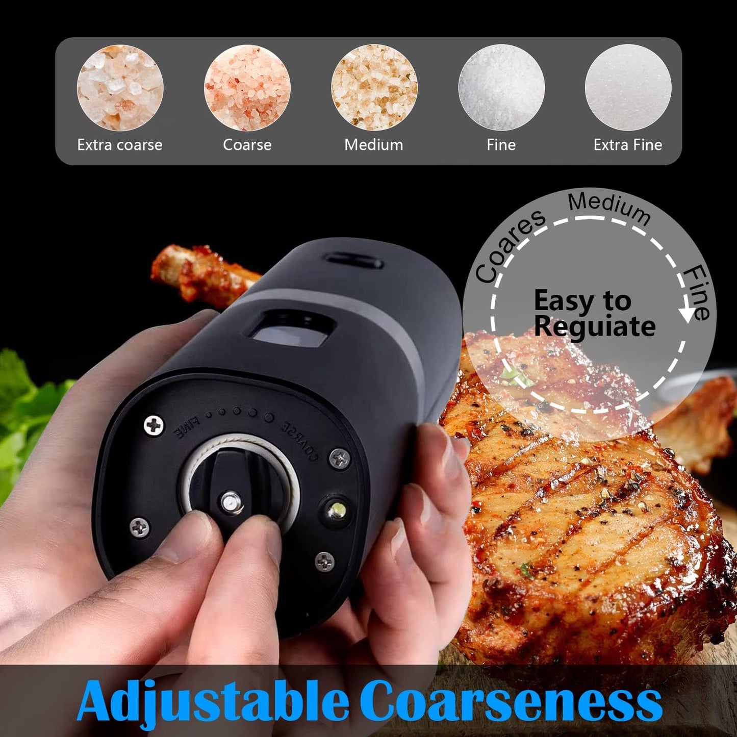 Rechargeable Electric Salt and Pepper Grinder Set with Double Charging Base, Support Battery Operated, Refillable Spice Automatic Mill Shakers Set with Adjustable Coarseness and LED Light