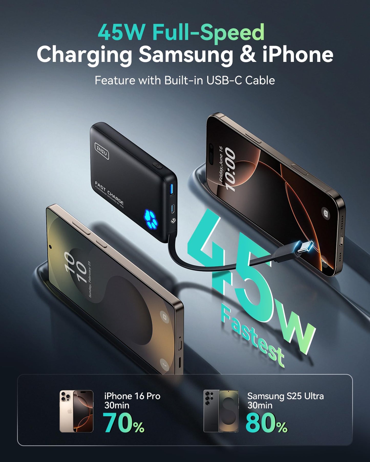 INIU 45W Portable Charger, 10000mAh Built-in USB C Cable Fast Charging Power Bank, Small Type C Battery Pack, Powerbank for iPhone 17 16 15 14, iPad, Samsung S25 S24 etc. Travel Camping Essentials