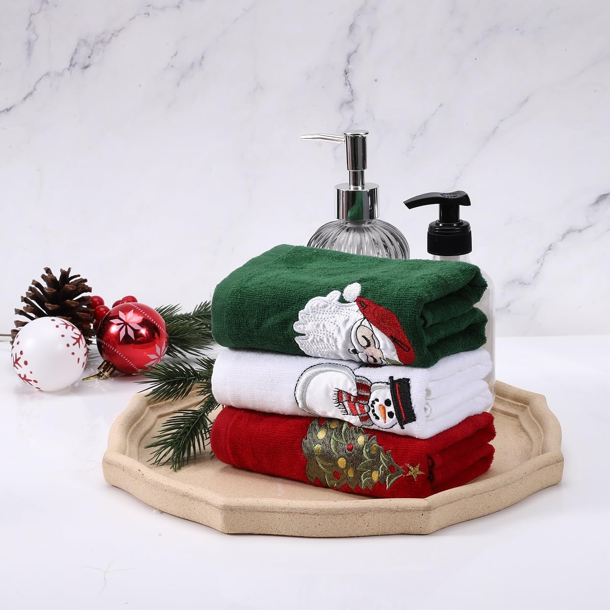 us beipin Christmas Hand Towels - Set of 3 Kitchen and Bathroom Towels - Cotton, 18x25 Inches - Embroidered Holiday Design - Decorative Dish Towels in 3 Colors（ Red, Green, White）