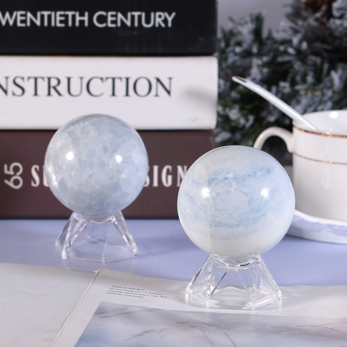 Sportmusies Natural Blue Celestite Stone Sphere with Acrylic Stand, Polished Crystal Ball Decoration for Home & Office