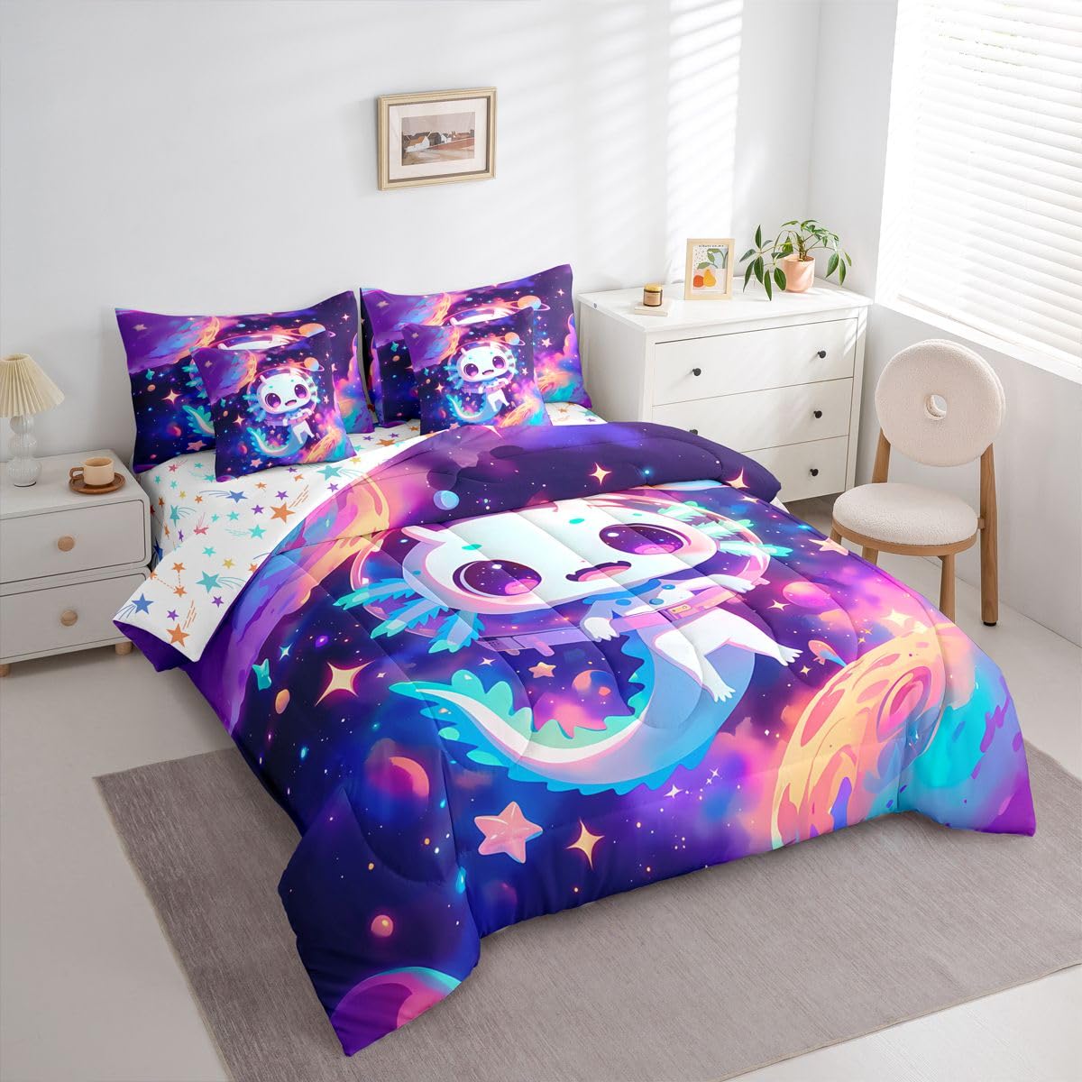 Erosebridal Kids Cute Axolotl Queen Bedding Set for Girls Teens Galaxy Planet Space Comforter Set Purple Dreamy Starry Sky 7-Piece Bed in a Bag Princess Axolotl Reptile Animal Quilt Sets
