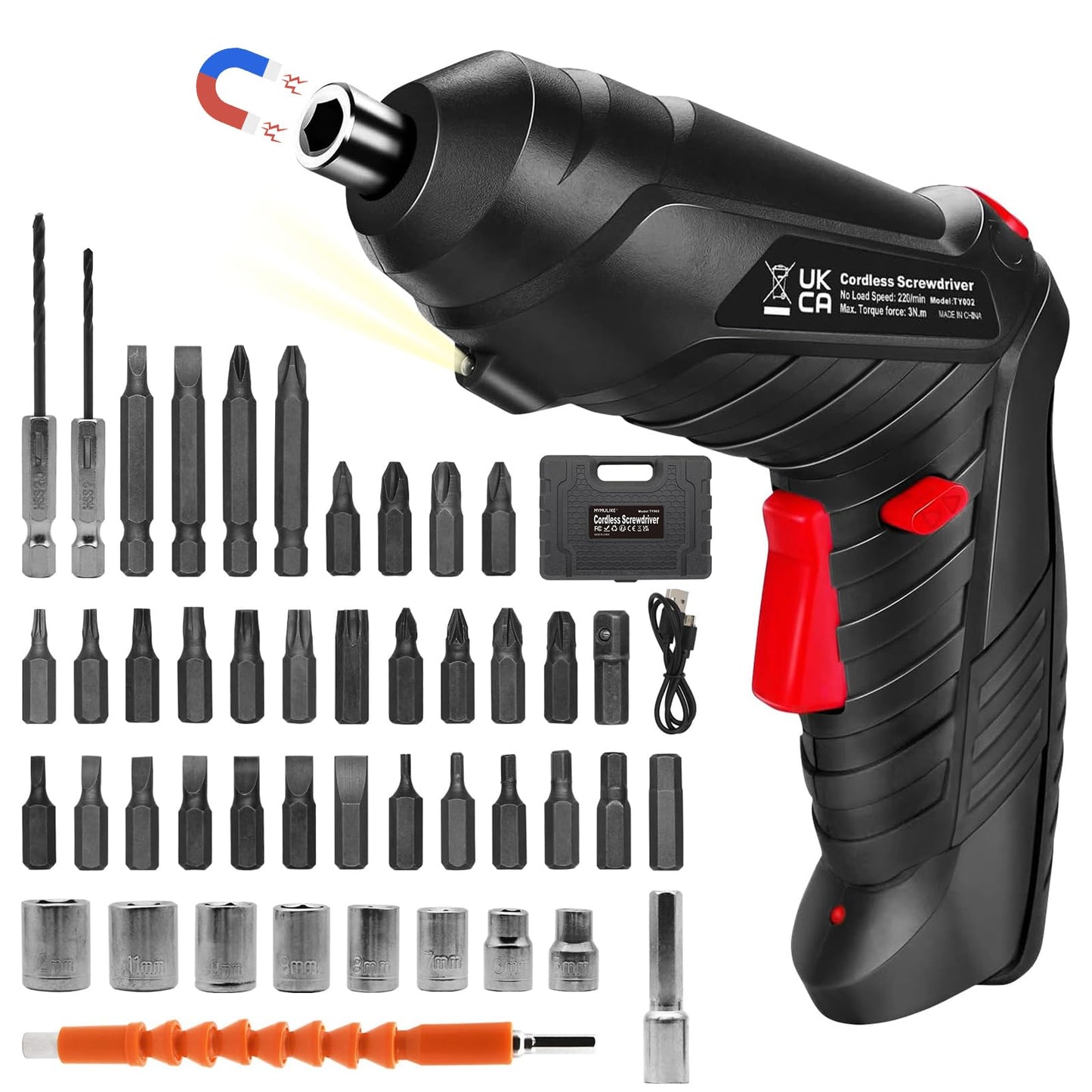 MYMULIKE Electric Drill Screwdriver, 48 in 1 Portable Cordless Screwdriver Set Rotated 90 Degrees Electric Screwdrivers Cordless Handle with Led Worklight and Charger for Home Office DIY Tools