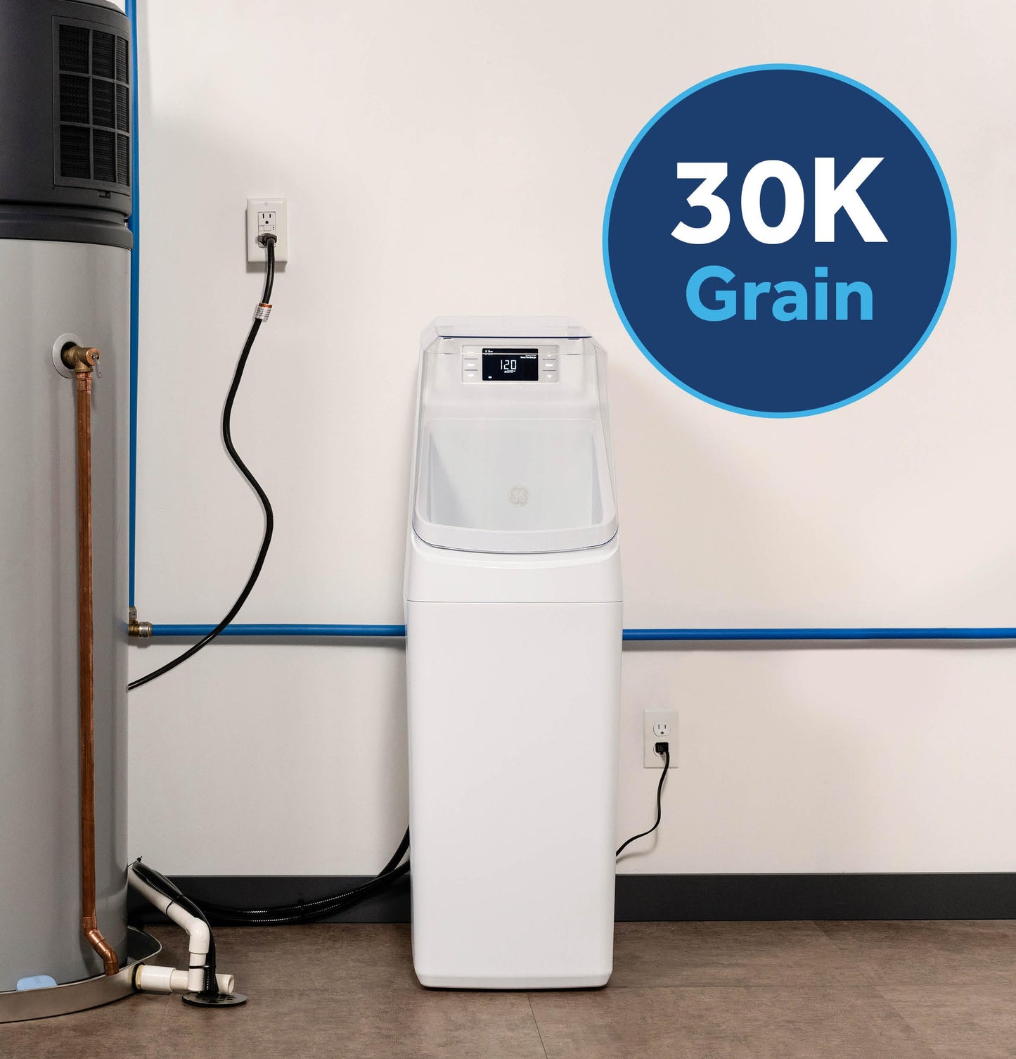 GE Smart Water Softener with Integrated Filtration, 30,000 Grain, Reduce Hard Minerals to Whole House, Built-in WiFi with Water Flow Alerts, Soft Water for Shower, Appliances, and Plumbing, GXMD30W