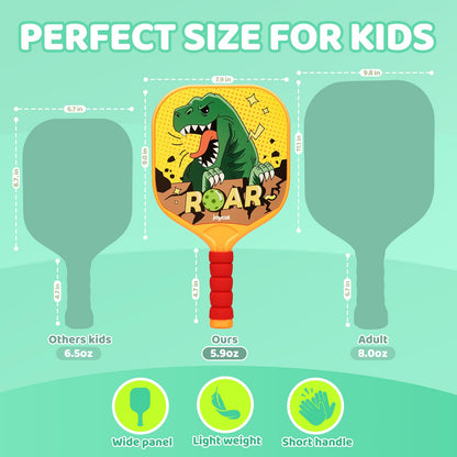 Joycat Kids Pickleball Paddles Set of 2, Lightweight Plastic Cute Pickleball Paddles for Kid with Small Grip, 2 Pickleballs, 1 Drawstring Bag,Indoor Outdoor Sport Gifts for Kids,Beginner (Dinosaur)