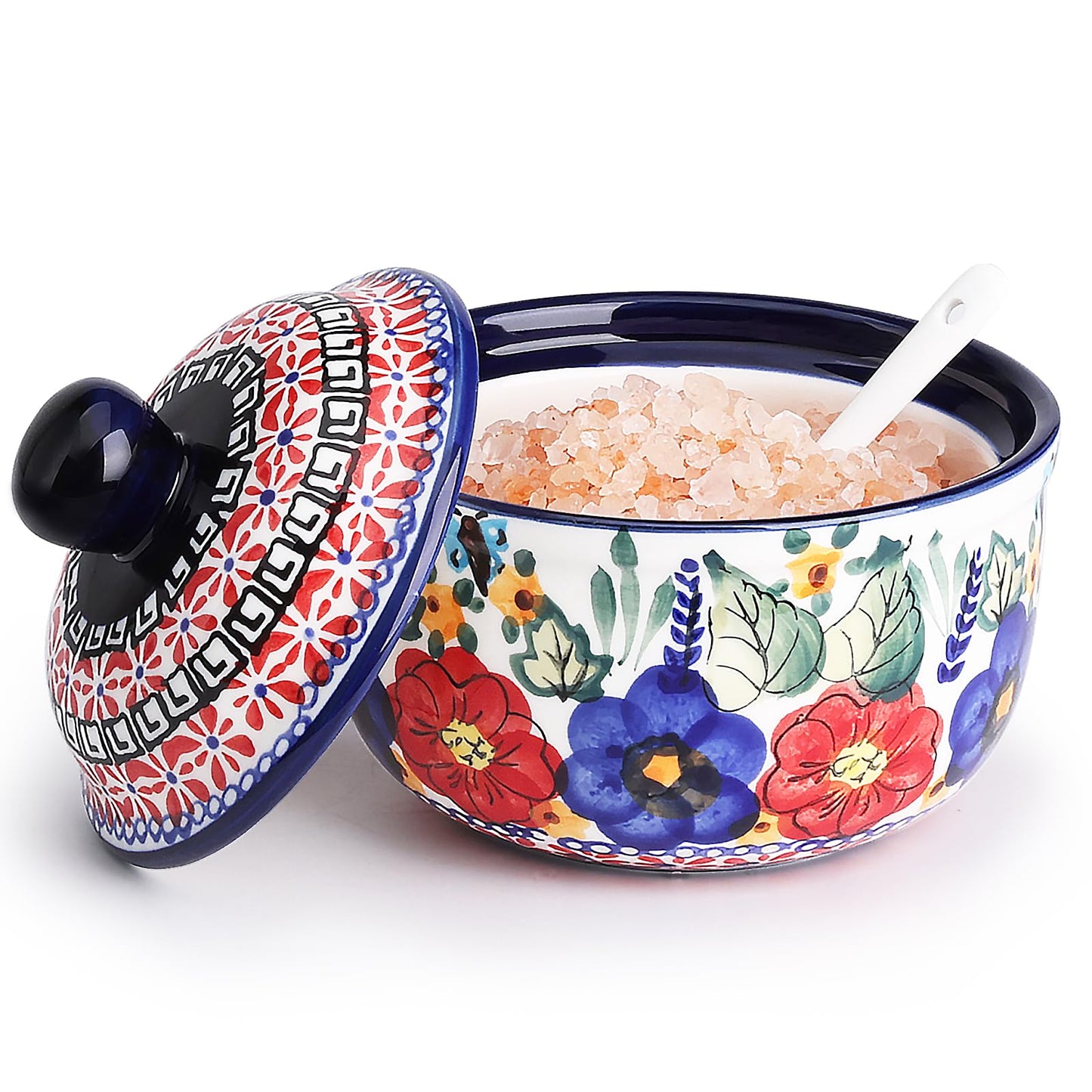 silesia Handmade Sugar Bowl with Lid and Spoon, 10 Ounce Ceramic Hand-Painted Sugar Jar for Kitchen in Gift Box, Kitchen Decor, Oven, Dishwasher & Microwave Safe, Polish Garden