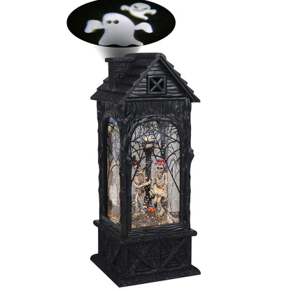 GenSwin Halloween Skeleton Snow Globe Lantern Ghost Projection Lamp with 6 Hour Timer, Battery Operated & USB Powered LED Spinning Water Glittering Globe Halloween Decoration Parties(11”, 3AA)