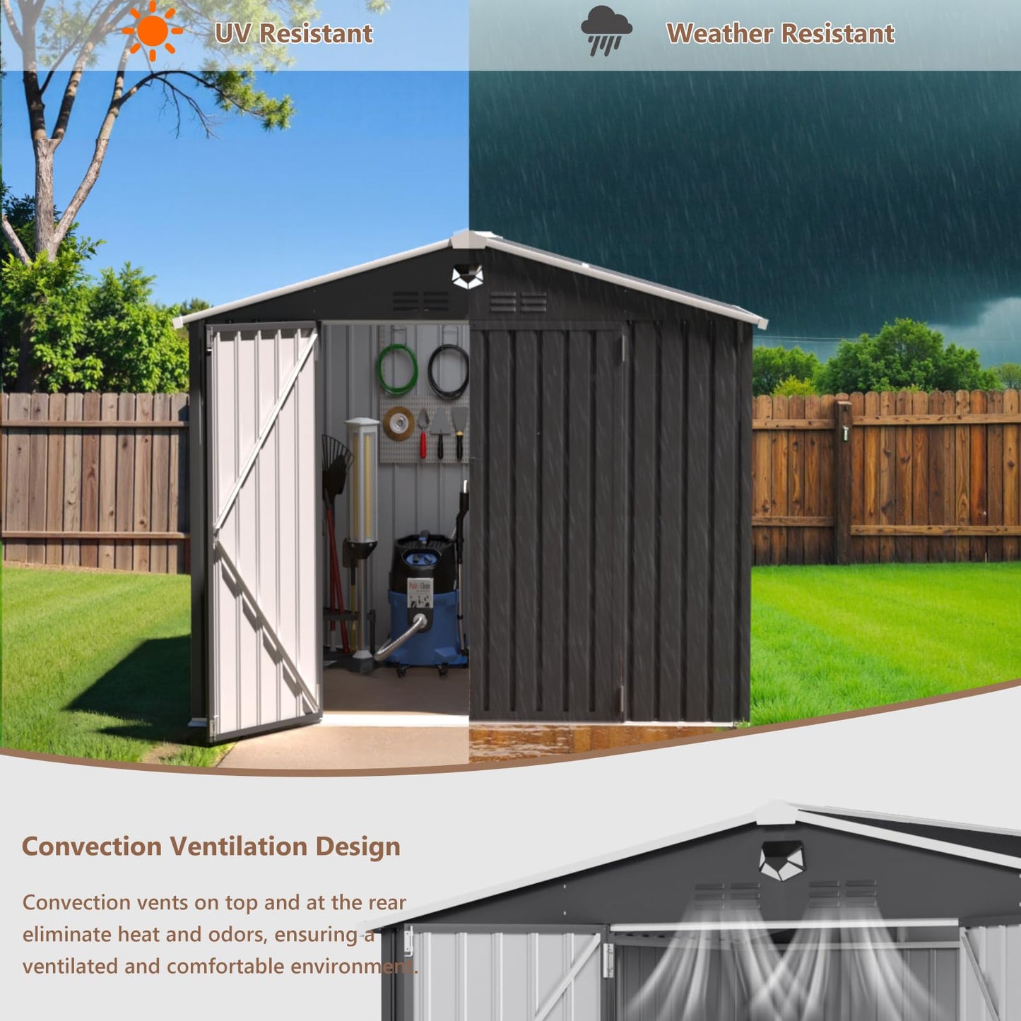 Softkiss 8x6 FT Outdoor Storage Shed, Metal Garden Shed - Tool Storage Sheds with Lockable Doors & 1 Clear Window, Waterproof Outside Storage Building for Backyard, Patio (Black; Floor Not Included)
