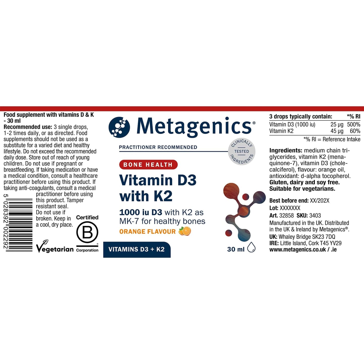 Metagenics Vitamin D3 with K2 Liquid Drops - Bone Health & Immunity - Orange, 30ml