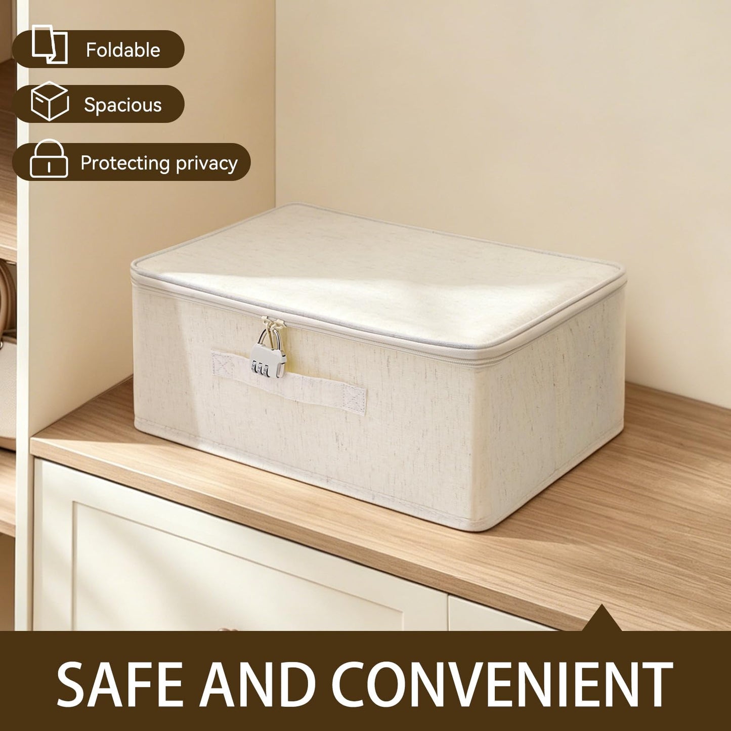 2 Pack Lockable Storage Box with Zipper & Handle, 14.96" x 10.03" x 6.29" Lockable Storage Organizer, Foldable Fabric Lock Box for Women Men Personal Item Container (Beige)