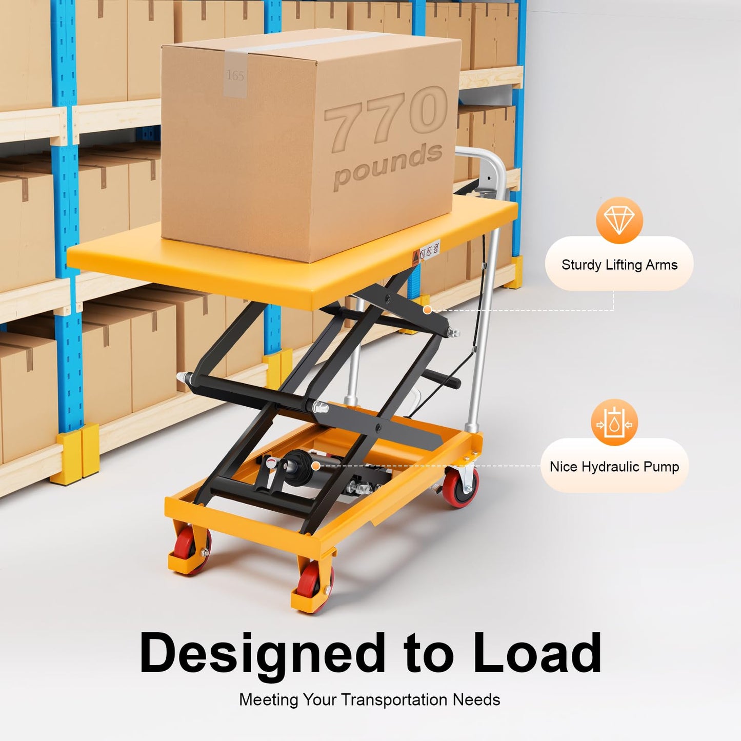 Hydraulic Lift Table Cart, 770lbs Capacity 51" Lifting Height, Hydraulic Scissor Lift Table Cart with 4 Wheels Pallet Lift Table for Material Handling and Transportation (770lbs)