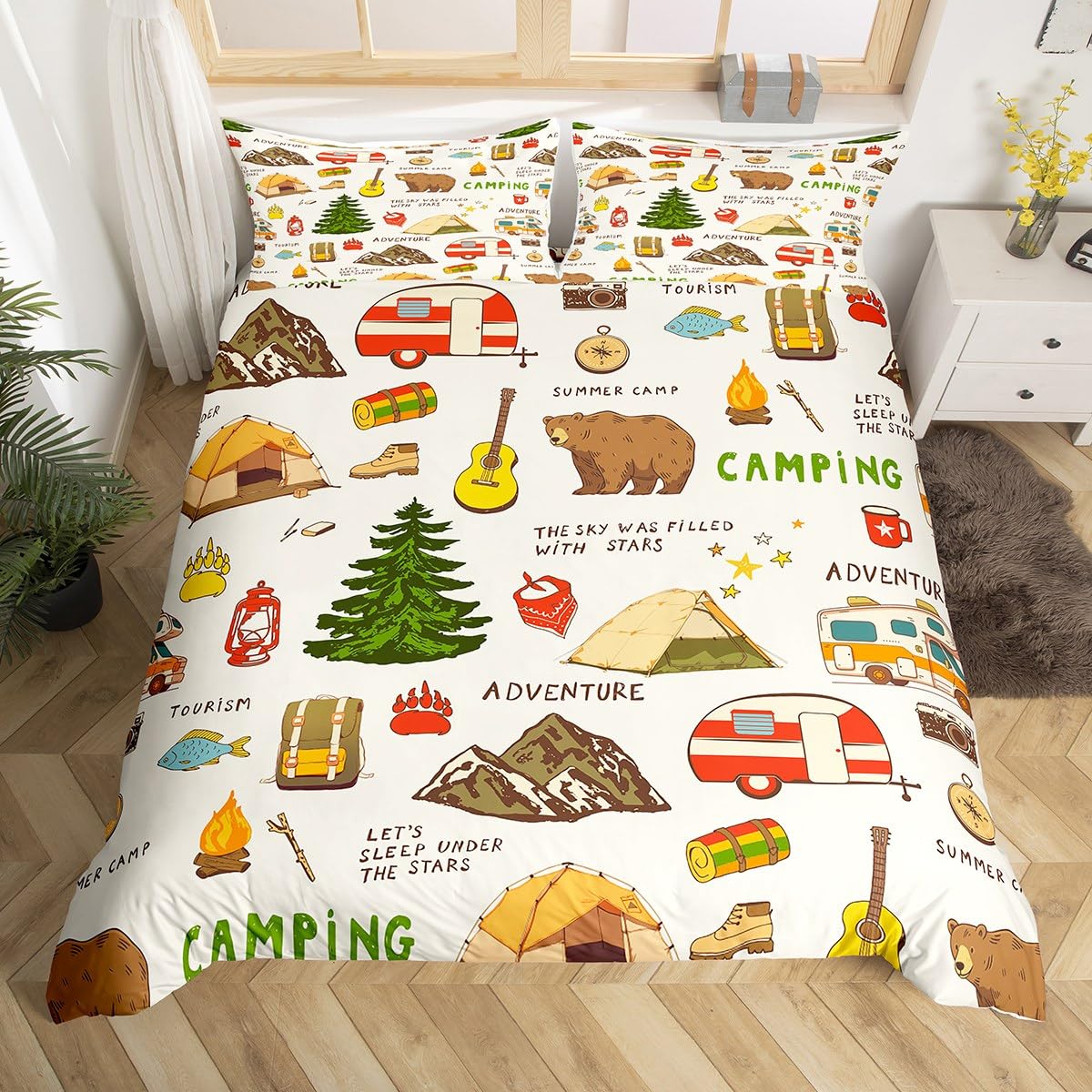 Camping and Adventure Bedding Set King Size,Cartoon Bear Camper Car Duvet Cover Set for Kids Girls Boys Teens Room Decor,Happy Camping Comforter Cover Outdoor Travel Quilt Cover,2 Pillowcases