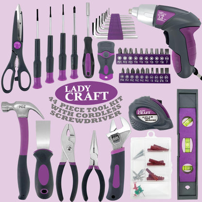 Werktough Pink Tool Kit 44PCS 4V Electric Screwdriver Ladies Tool Kit Set DIY Home Repair Set Toolbox Hand Tool Kit Storage Case Gift Set
