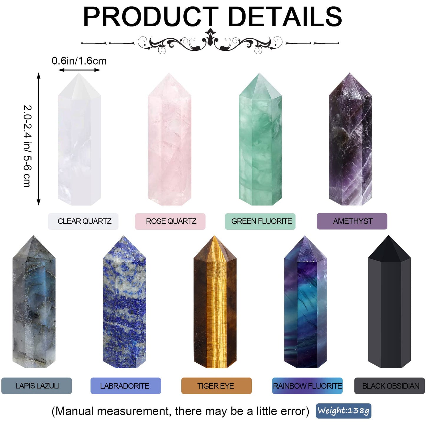 Junkin 9 Sets Healing Crystal Wand, Amethyst Rose Quartz Clear Quartz Tiger Eye Obsidian Fluorite Labradorite Lapis Lazuli for Meditation Crystal Therapy Reiki Supplies(Mixed Color,2-2.4 Inch)